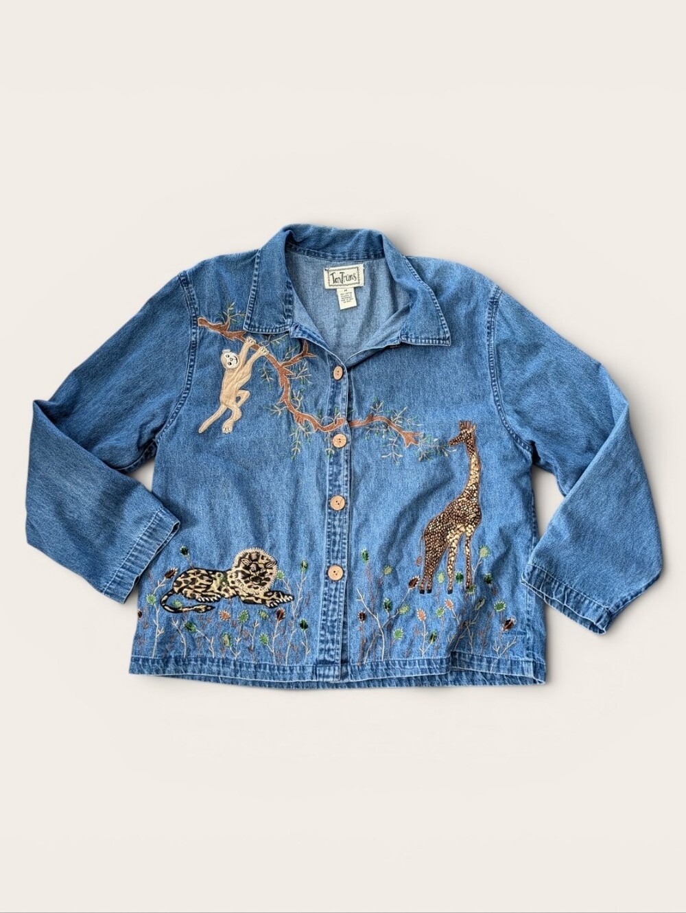 VTG Tantrum Blue Denim Shirt Embroidered Safari Animal Theme Monkey Giraffe M